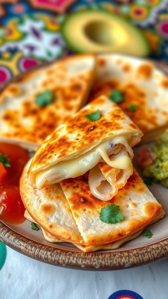 Sliced cheese quesadilla with melted cheese and sides of salsa and guacamole on a rustic plate.